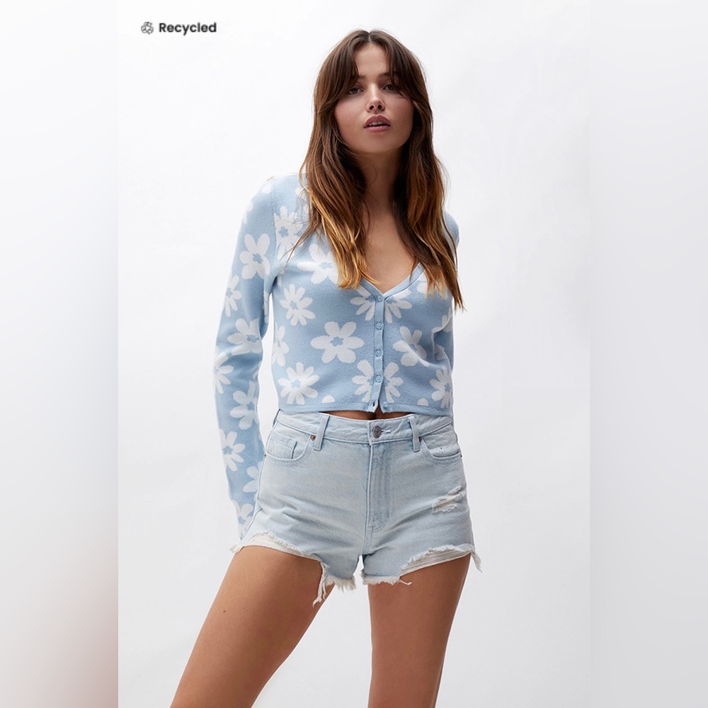 NWT PACSUN Eco Light Blue Distressed High Waisted Denim Festival Shorts
